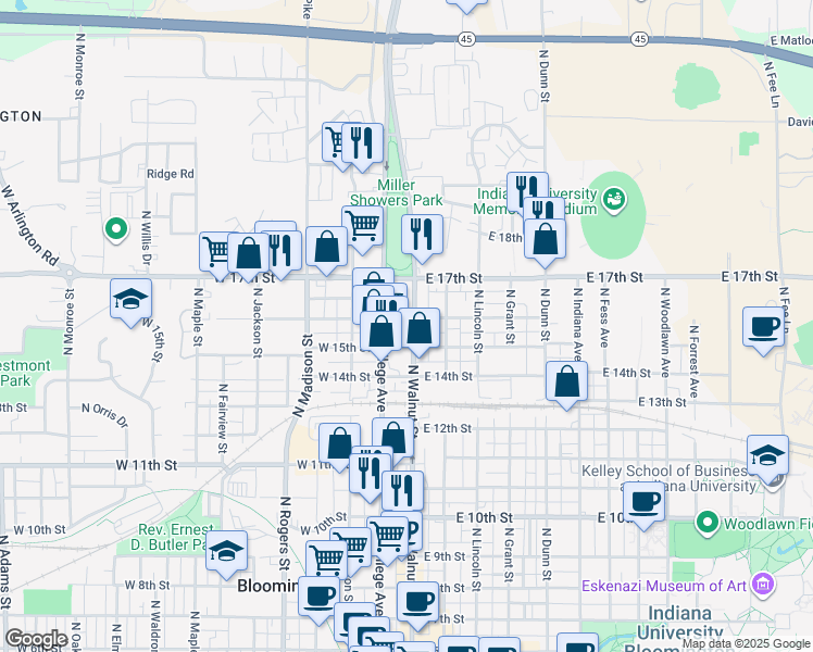 map of restaurants, bars, coffee shops, grocery stores, and more near 1092 North Walnut Street in Bloomington