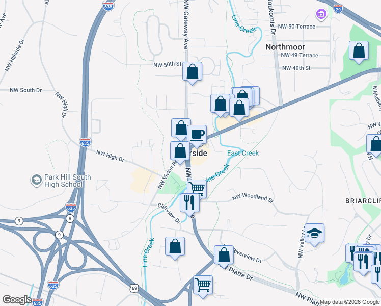 map of restaurants, bars, coffee shops, grocery stores, and more near in Riverside