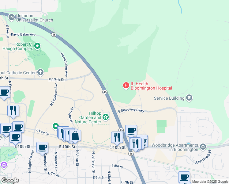 map of restaurants, bars, coffee shops, grocery stores, and more near 2631 East Discovery Parkway in Bloomington