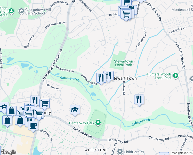 map of restaurants, bars, coffee shops, grocery stores, and more near 9415 Stewartown Road in Gaithersburg