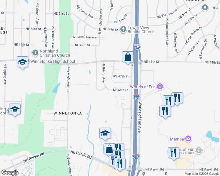 map of restaurants, bars, coffee shops, grocery stores, and more near 7100 Northeast 46th Street in Kansas City