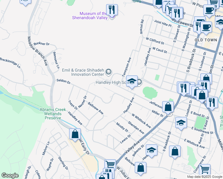 map of restaurants, bars, coffee shops, grocery stores, and more near 512 Miller Street in Winchester
