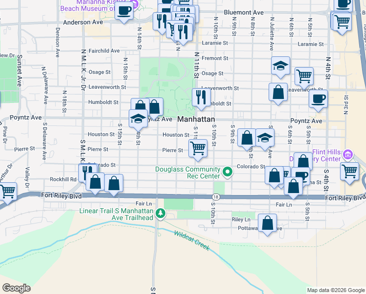 map of restaurants, bars, coffee shops, grocery stores, and more near 1122 Pierre Street in Manhattan