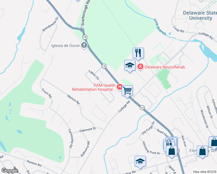 map of restaurants, bars, coffee shops, grocery stores, and more near 423 Topaz Circle in Dover