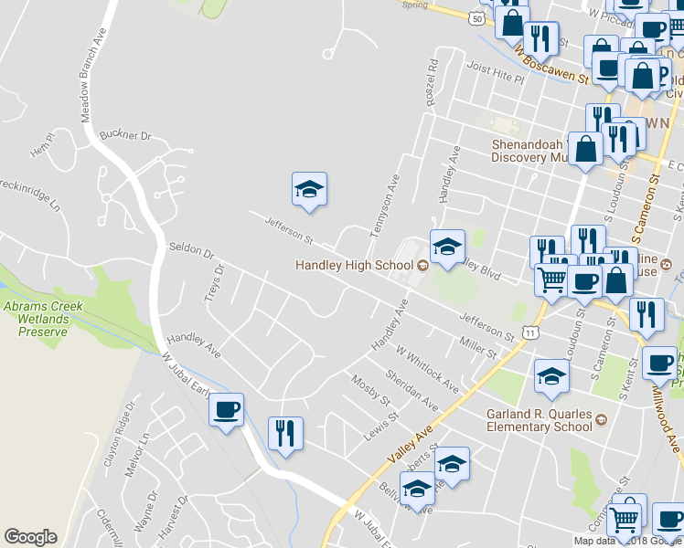 map of restaurants, bars, coffee shops, grocery stores, and more near 512 Miller Street in Winchester