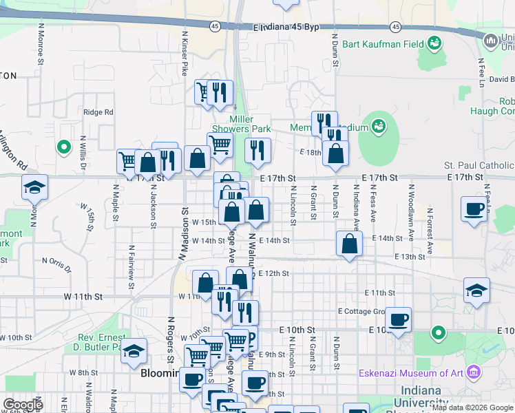 map of restaurants, bars, coffee shops, grocery stores, and more near 1092 North Walnut Street in Bloomington