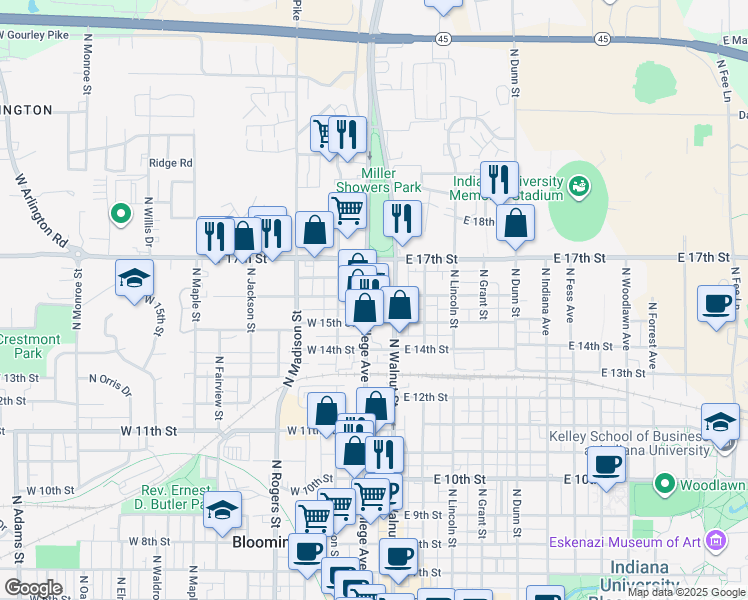 map of restaurants, bars, coffee shops, grocery stores, and more near 1101 North College Avenue in Bloomington