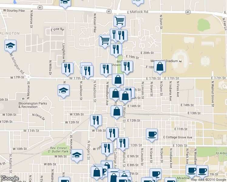 map of restaurants, bars, coffee shops, grocery stores, and more near 1101 North College Avenue in Bloomington