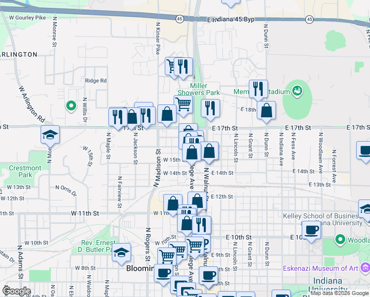 map of restaurants, bars, coffee shops, grocery stores, and more near 1101 North College Avenue in Bloomington