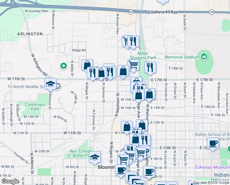 map of restaurants, bars, coffee shops, grocery stores, and more near 1113 North Madison Street in Bloomington