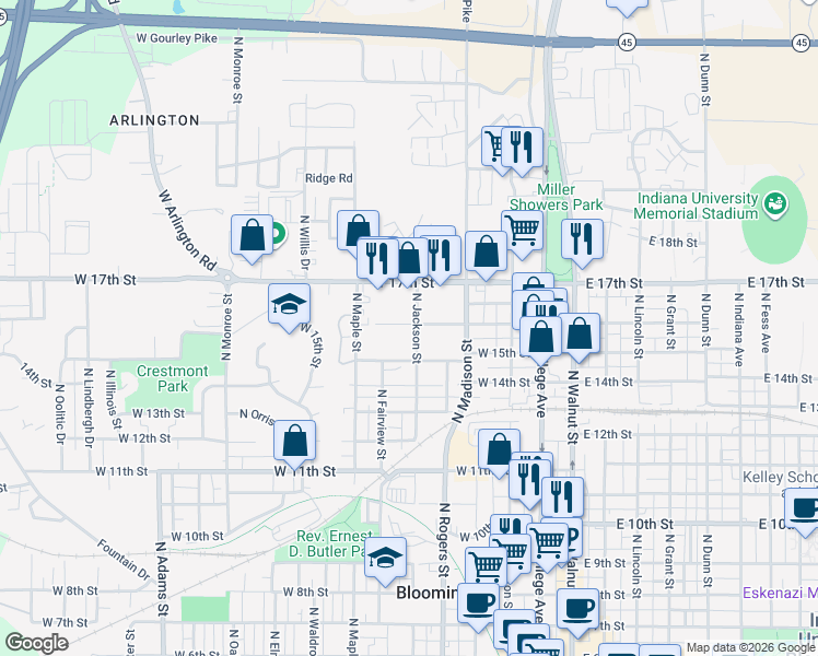 map of restaurants, bars, coffee shops, grocery stores, and more near 1014 North Jackson Street in Bloomington