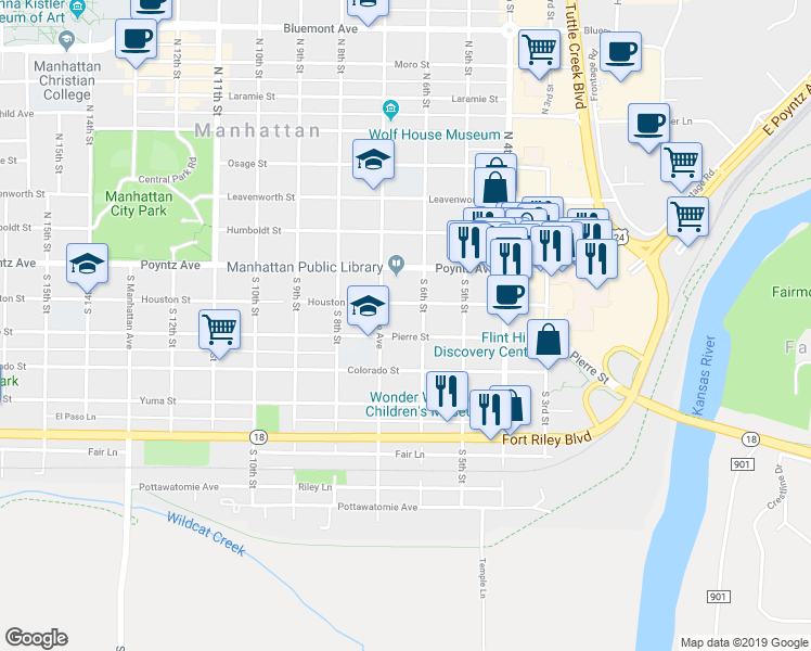map of restaurants, bars, coffee shops, grocery stores, and more near 600 Colorado Street in Manhattan