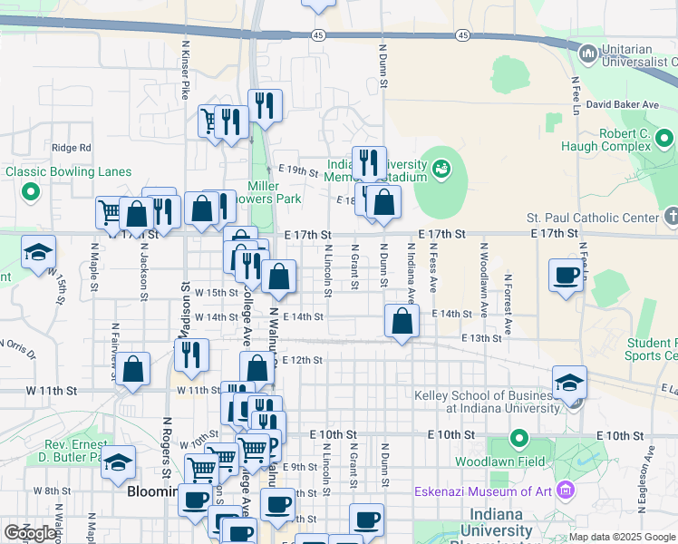 map of restaurants, bars, coffee shops, grocery stores, and more near 310 East 16th Street in Bloomington