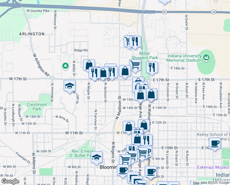 map of restaurants, bars, coffee shops, grocery stores, and more near 1113 North Madison Street in Bloomington