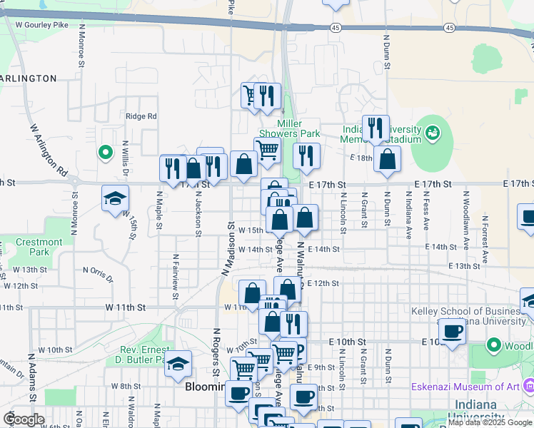 map of restaurants, bars, coffee shops, grocery stores, and more near 1101 North College Avenue in Bloomington