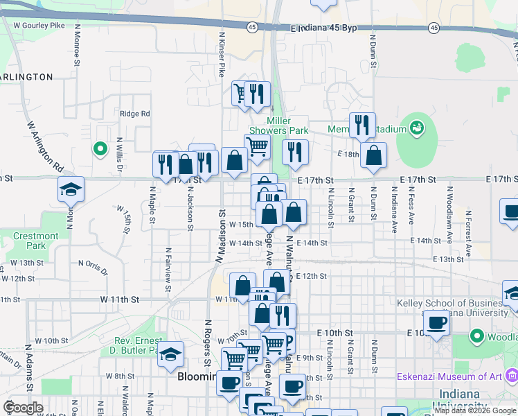 map of restaurants, bars, coffee shops, grocery stores, and more near 1101 North College Avenue in Bloomington