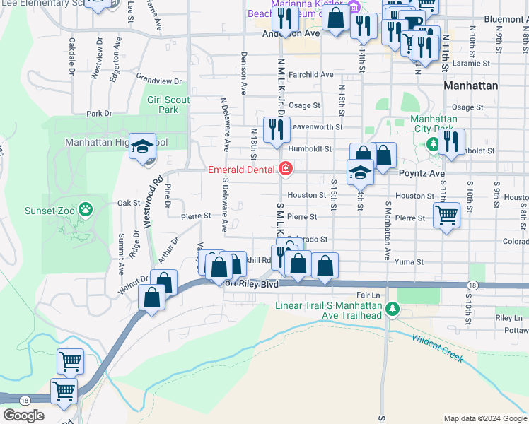 map of restaurants, bars, coffee shops, grocery stores, and more near 1718 Pierre Street in Manhattan