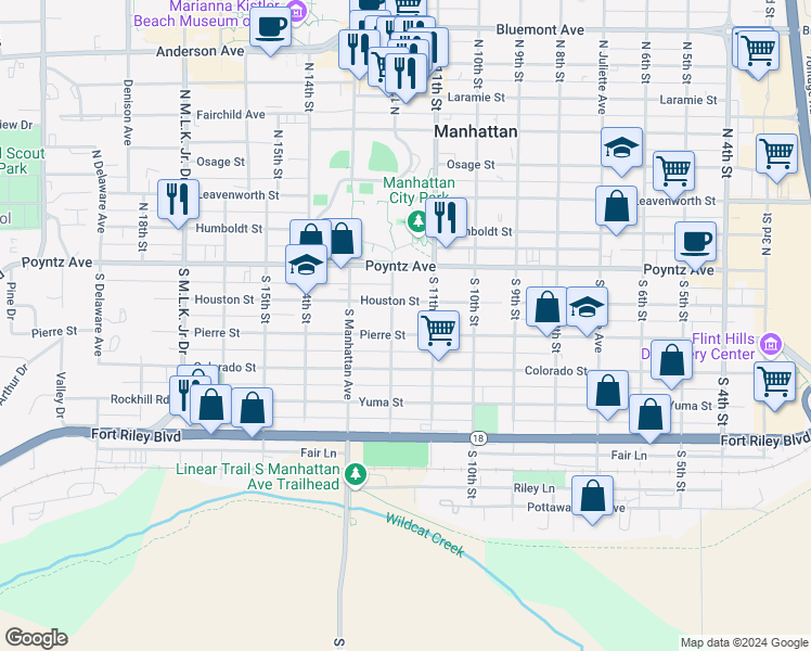 map of restaurants, bars, coffee shops, grocery stores, and more near 1120 Pierre Street in Manhattan