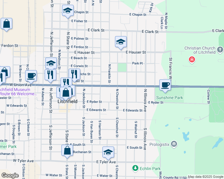 map of restaurants, bars, coffee shops, grocery stores, and more near 609 East Ryder Street in Litchfield