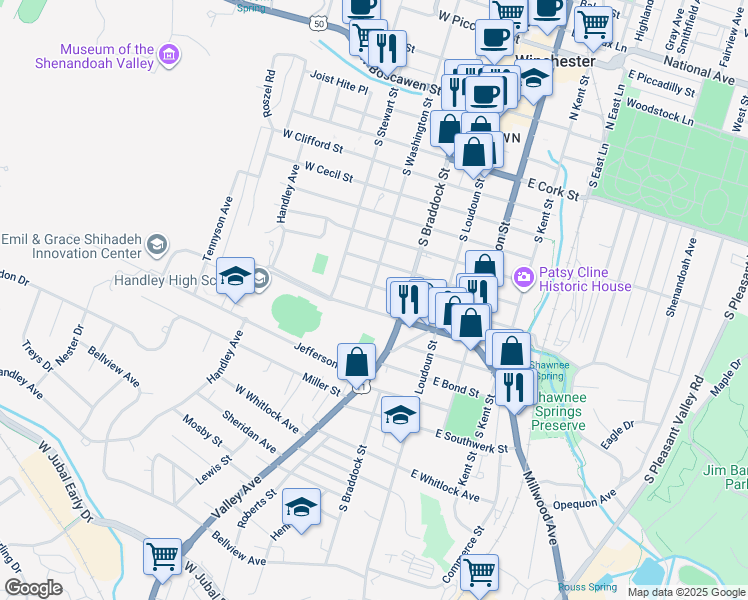 map of restaurants, bars, coffee shops, grocery stores, and more near 814 South Washington Street in Winchester