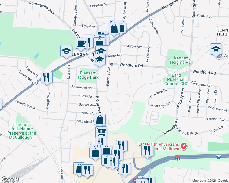 map of restaurants, bars, coffee shops, grocery stores, and more near 3228 Ashwood Drive in Cincinnati