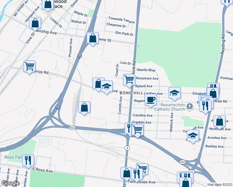 map of restaurants, bars, coffee shops, grocery stores, and more near 1113 Regent Avenue in Cincinnati