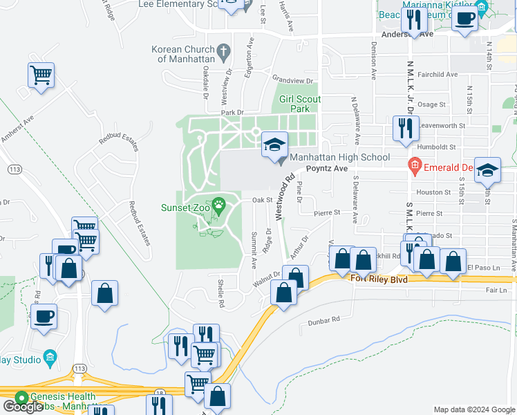 map of restaurants, bars, coffee shops, grocery stores, and more near 223 Summit Avenue in Manhattan