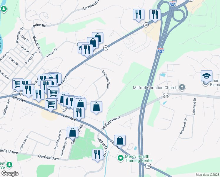 map of restaurants, bars, coffee shops, grocery stores, and more near in Milford