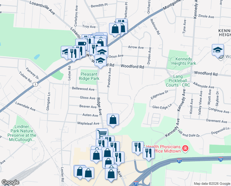 map of restaurants, bars, coffee shops, grocery stores, and more near 3228 Ashwood Drive in Cincinnati