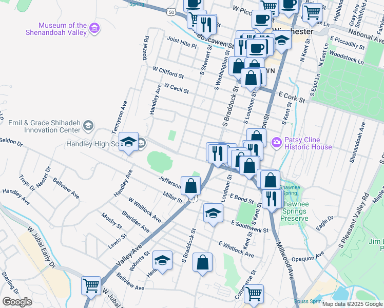 map of restaurants, bars, coffee shops, grocery stores, and more near 210 Handley Boulevard in Winchester