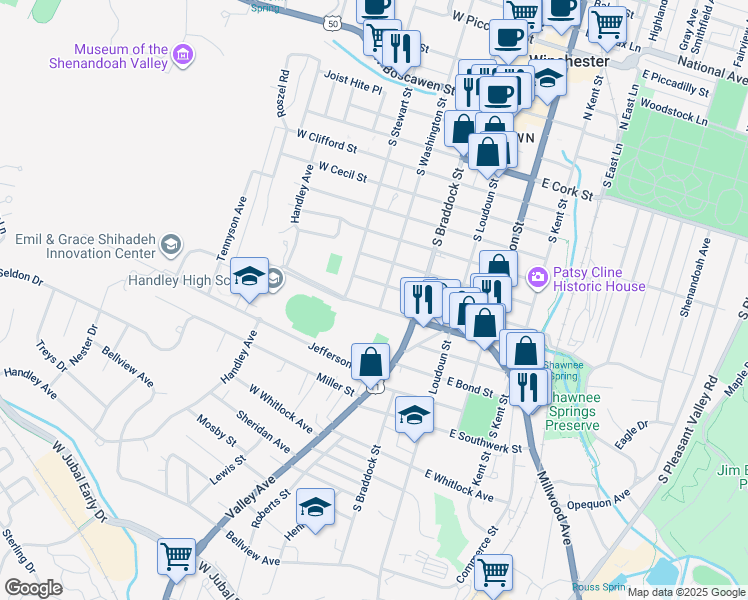 map of restaurants, bars, coffee shops, grocery stores, and more near 210 Handley Boulevard in Winchester