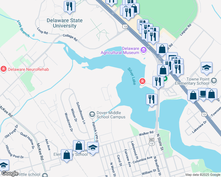map of restaurants, bars, coffee shops, grocery stores, and more near 961 Silver Lake Boulevard in Dover