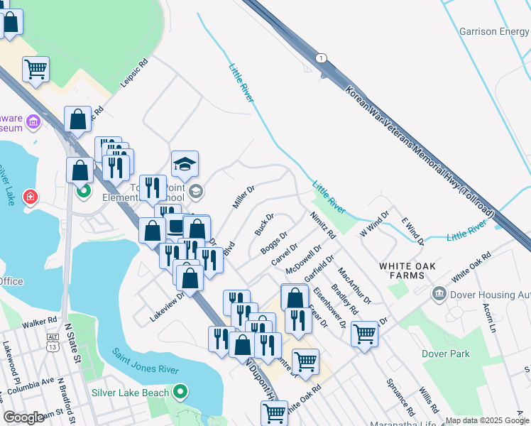 map of restaurants, bars, coffee shops, grocery stores, and more near 871 Townsend Boulevard in Dover