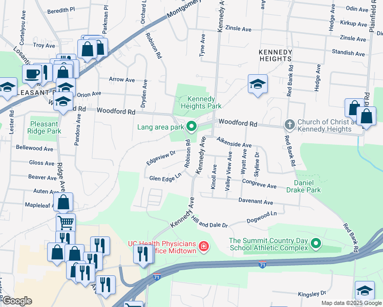 map of restaurants, bars, coffee shops, grocery stores, and more near 5901 Robison Road in Cincinnati