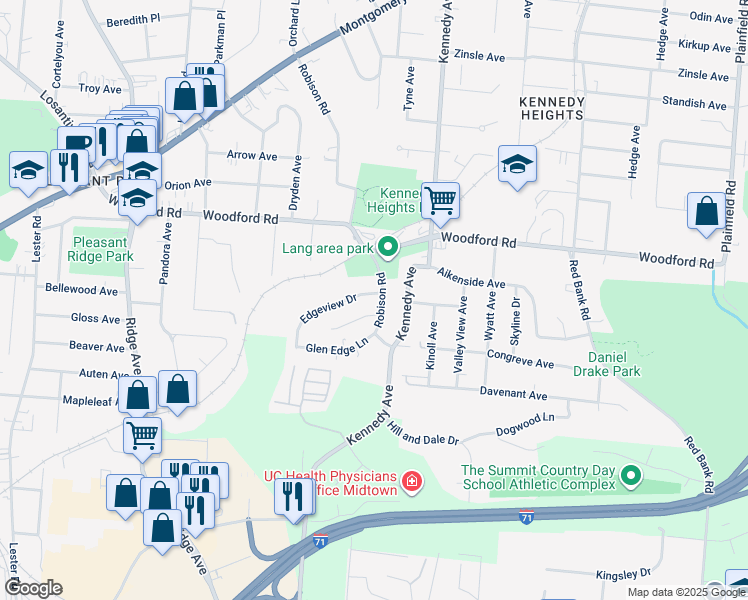 map of restaurants, bars, coffee shops, grocery stores, and more near 5901 Robison Road in Cincinnati
