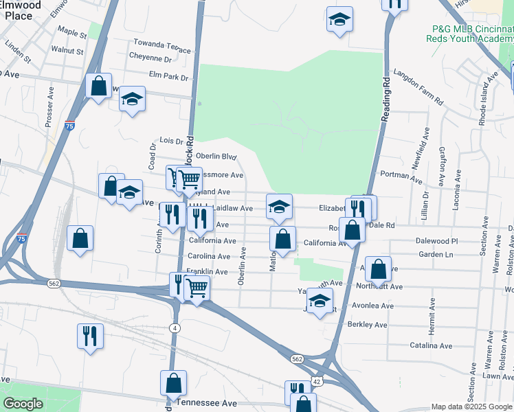 map of restaurants, bars, coffee shops, grocery stores, and more near 1425 Ryland Avenue in Cincinnati