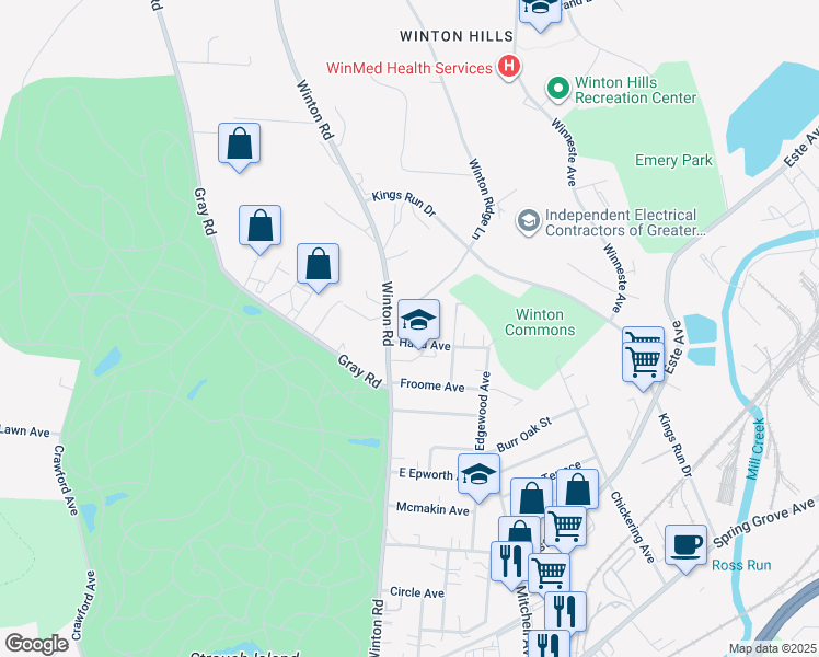 map of restaurants, bars, coffee shops, grocery stores, and more near 4818 Winton Road in Cincinnati