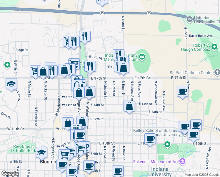 map of restaurants, bars, coffee shops, grocery stores, and more near 221 East 16th Street in Bloomington