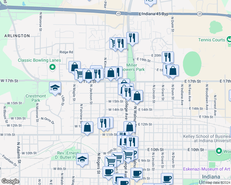 map of restaurants, bars, coffee shops, grocery stores, and more near 314 West Kenwood Drive in Bloomington