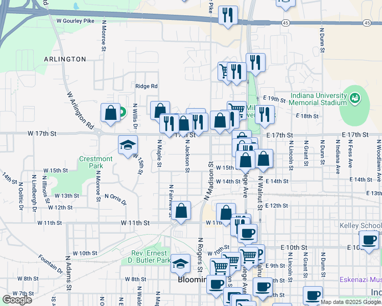 map of restaurants, bars, coffee shops, grocery stores, and more near 1110 North Jackson Street in Bloomington