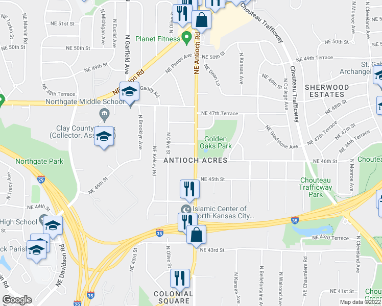 map of restaurants, bars, coffee shops, grocery stores, and more near 4610 Northeast Antioch Road in Kansas City
