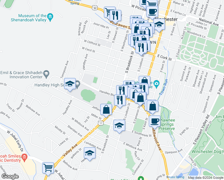 map of restaurants, bars, coffee shops, grocery stores, and more near 812 South Washington Street in Winchester
