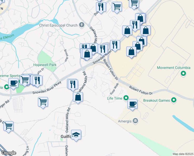 map of restaurants, bars, coffee shops, grocery stores, and more near 9101 Gracious End Court in Columbia