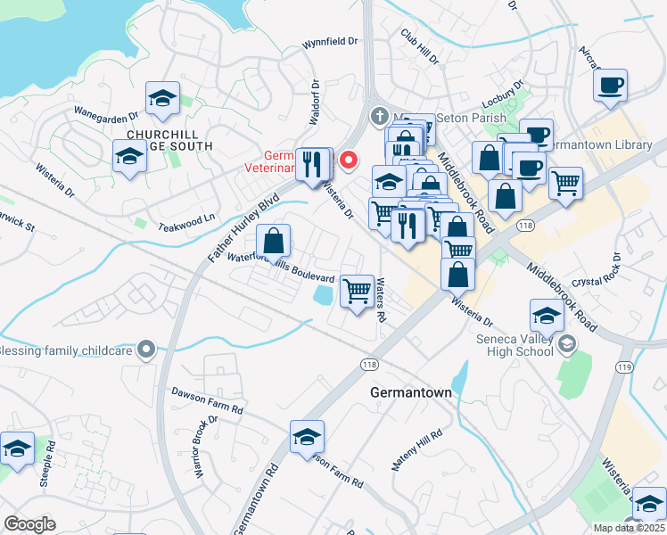 map of restaurants, bars, coffee shops, grocery stores, and more near 13504 Kildare Hills Terrace in Germantown