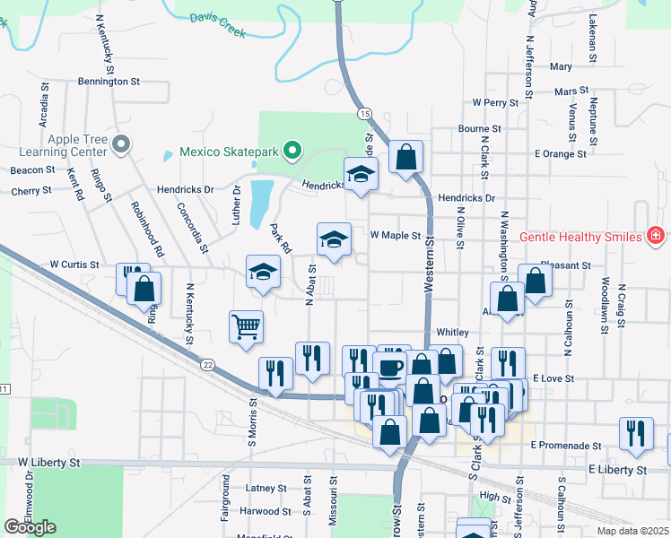 map of restaurants, bars, coffee shops, grocery stores, and more near 639 North Wade Street in Mexico