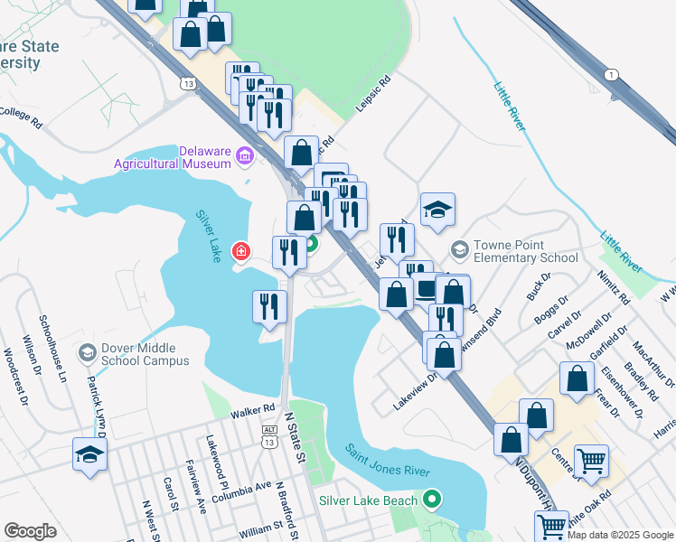 map of restaurants, bars, coffee shops, grocery stores, and more near 647 Venue Drive in Dover