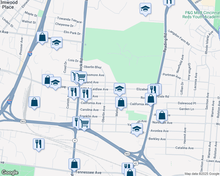 map of restaurants, bars, coffee shops, grocery stores, and more near 1425 Ryland Avenue in Cincinnati