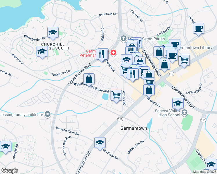 map of restaurants, bars, coffee shops, grocery stores, and more near 13504 Kildare Hills Terrace in Germantown