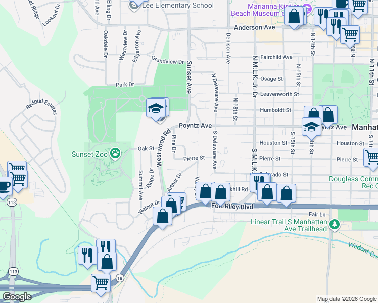 map of restaurants, bars, coffee shops, grocery stores, and more near 2020 Scheu Drive in Manhattan