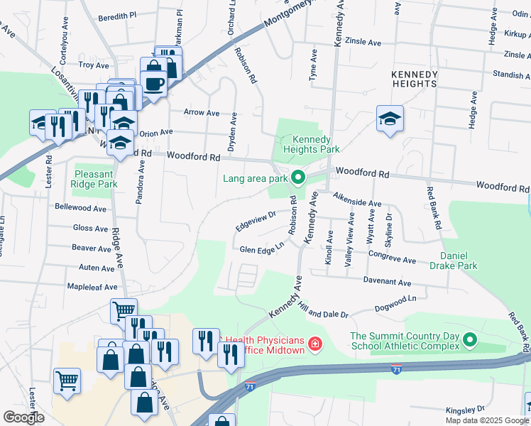 map of restaurants, bars, coffee shops, grocery stores, and more near 3544 Edgeview Drive in Cincinnati